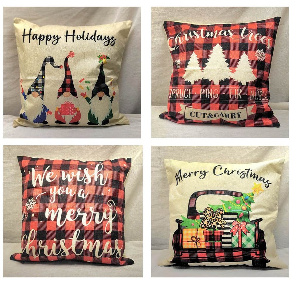 Red Plaid Theme Holiday Throw Pillows w-Poly Inserts